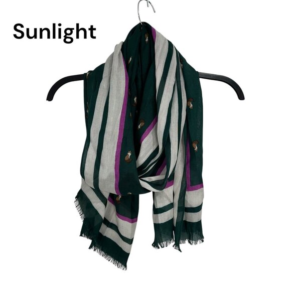Talbots 100% Viscose Green Striped & Fox Print Scarf Rectangle 70'' X 24'' - Picture 1 of 11